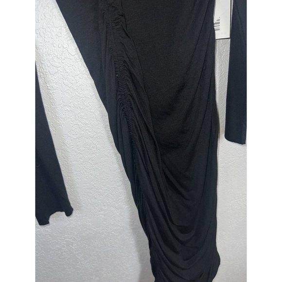 GOOD American Dress Size 3 Large Black Midi Slinky Ruched Jersey Long Sleeve T - Picture 8 of 13